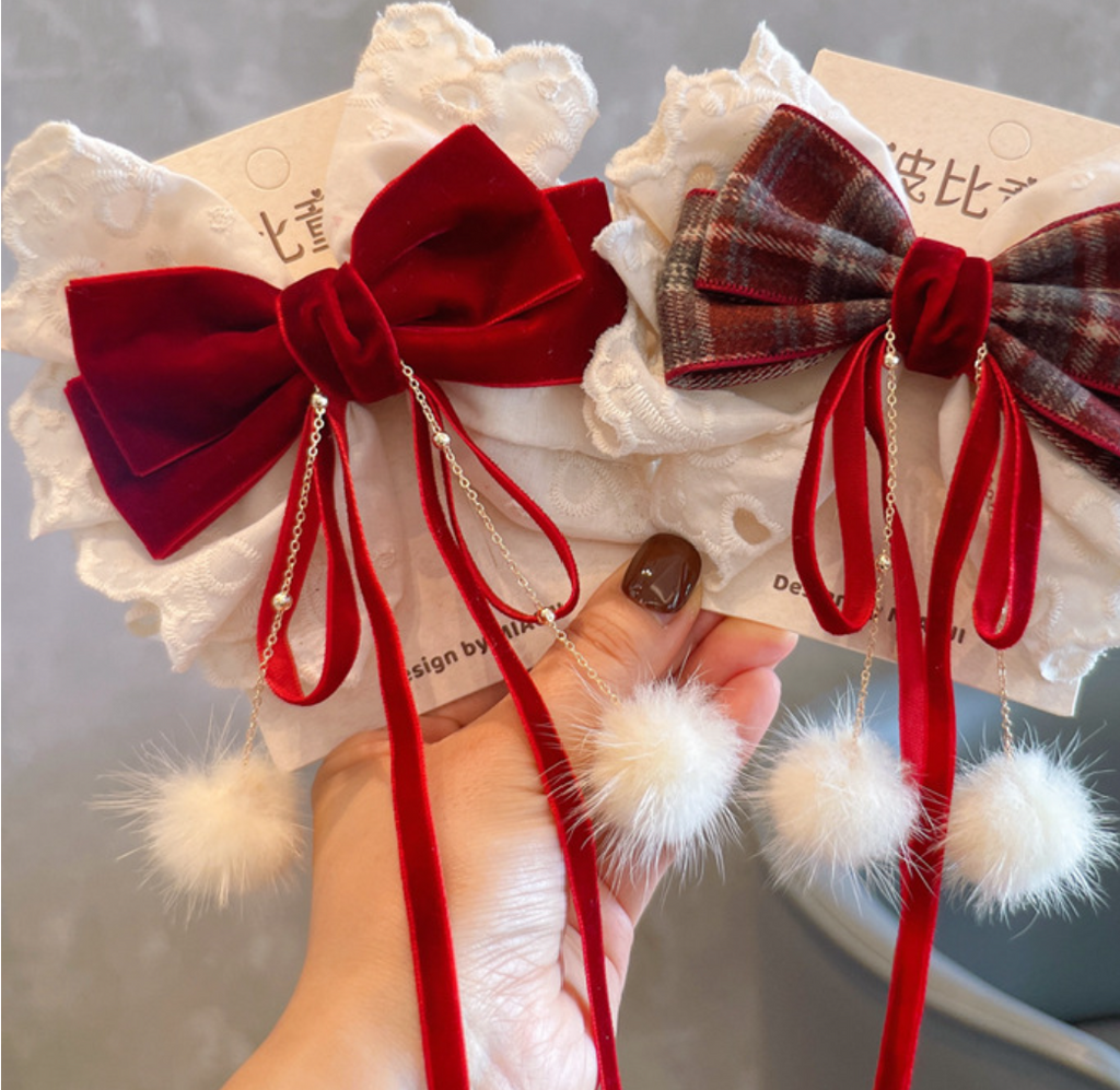 Layered Velvet & Plaid Bow Hair Clips - Elegant Tulle & Draping Pom-Pom Hair Accessories