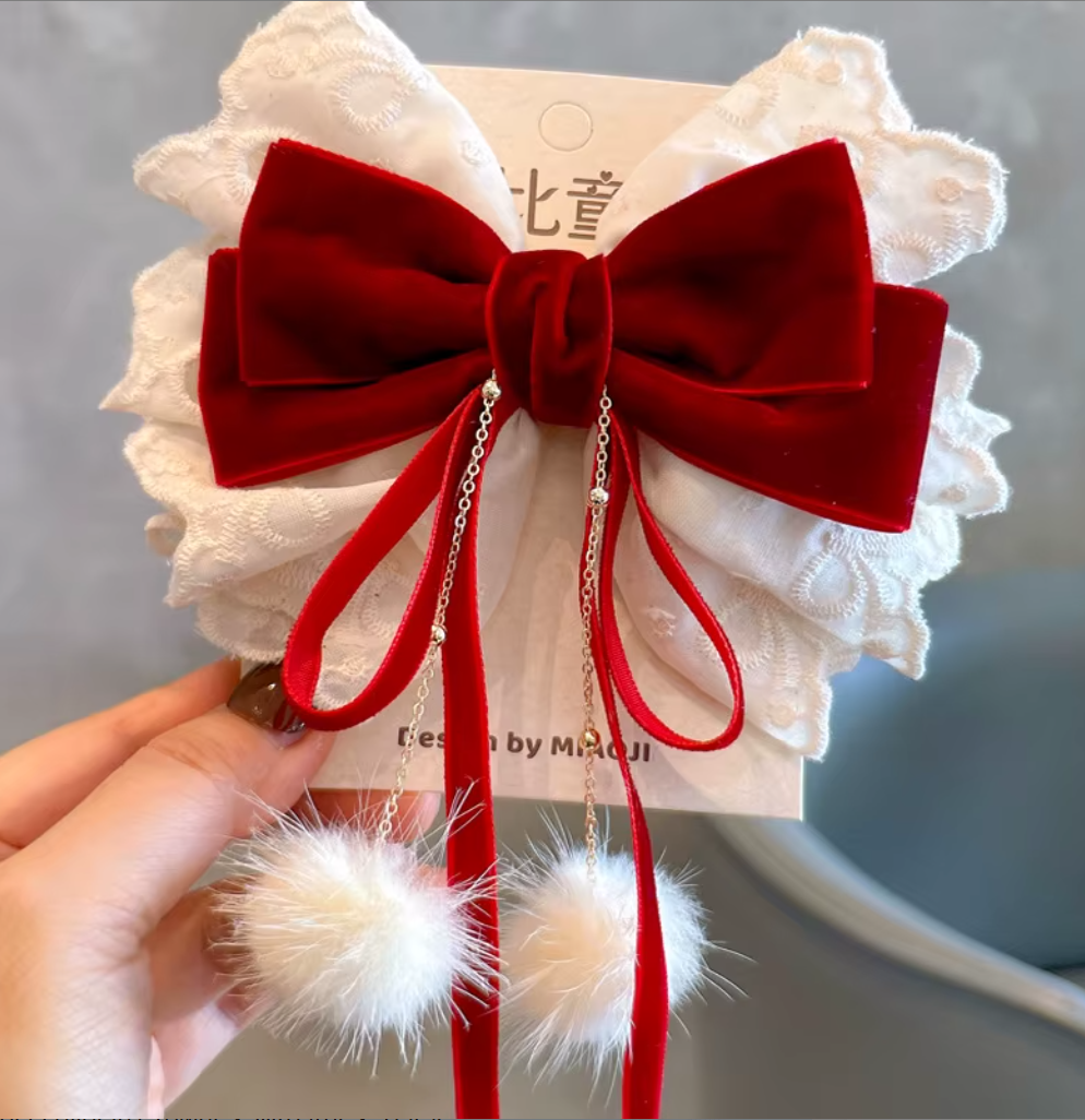 Layered Velvet & Plaid Bow Hair Clips - Elegant Tulle & Draping Pom-Pom Hair Accessories