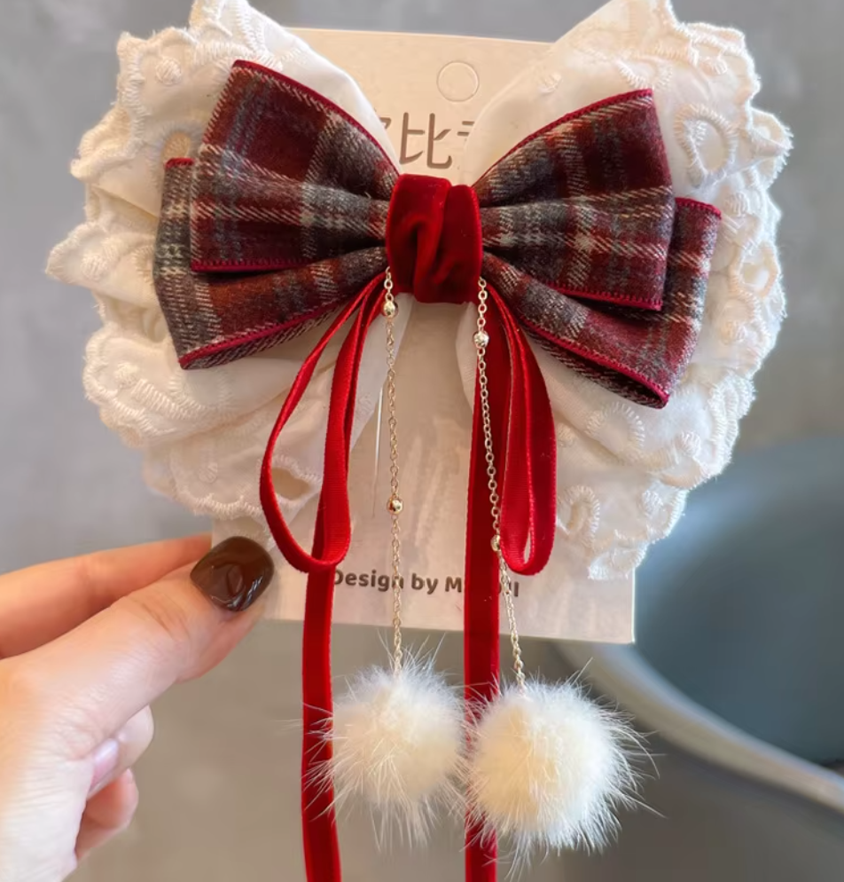 Layered Velvet & Plaid Bow Hair Clips - Elegant Tulle & Draping Pom-Pom Hair Accessories