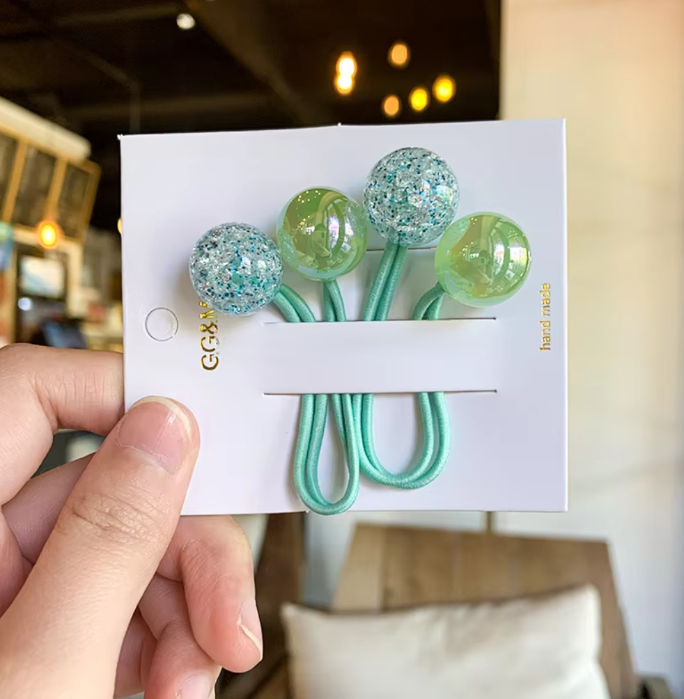 Glitter Bubble Cluster Hair Ties - Cute Translucent Balloon Ponytail Holders (Pair Set)