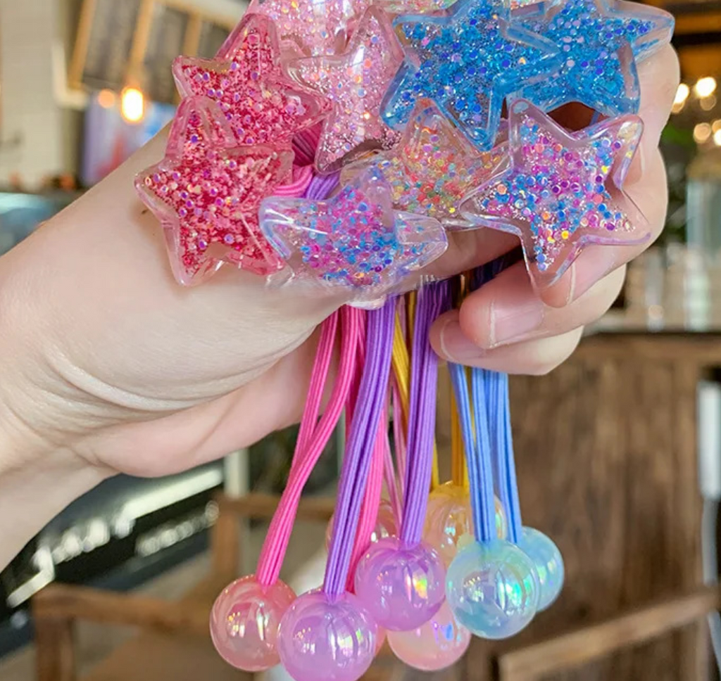 Glitter Heart & Star Charm Hair Ties - Cute Translucent Resin Ponytail Holders (Pair Set)