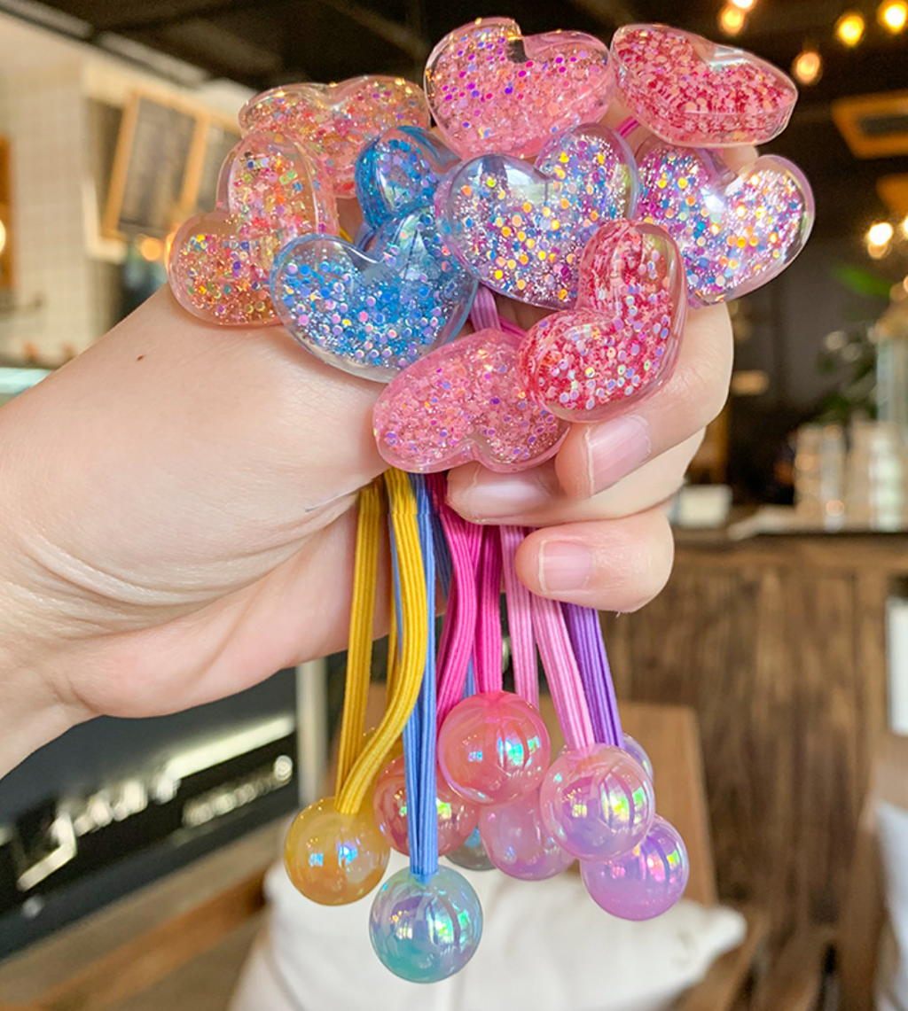 Glitter Heart & Star Charm Hair Ties - Cute Translucent Resin Ponytail Holders (Pair Set)