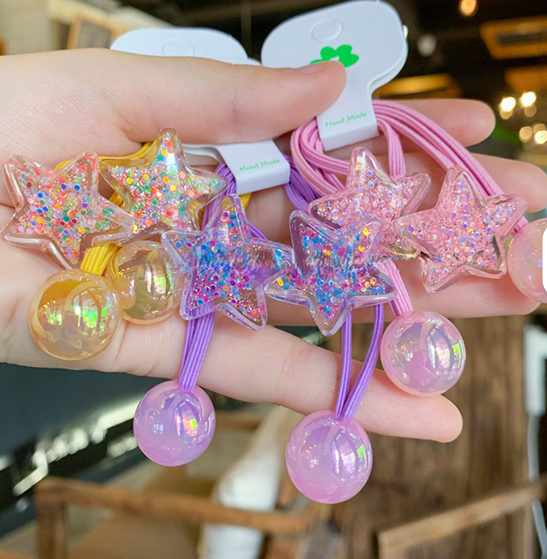 Glitter Heart & Star Charm Hair Ties - Cute Translucent Resin Ponytail Holders (Pair Set)