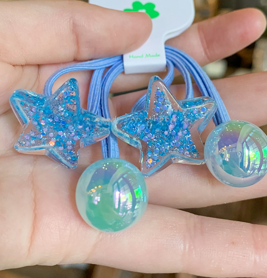 Glitter Heart & Star Charm Hair Ties - Cute Translucent Resin Ponytail Holders (Pair Set)