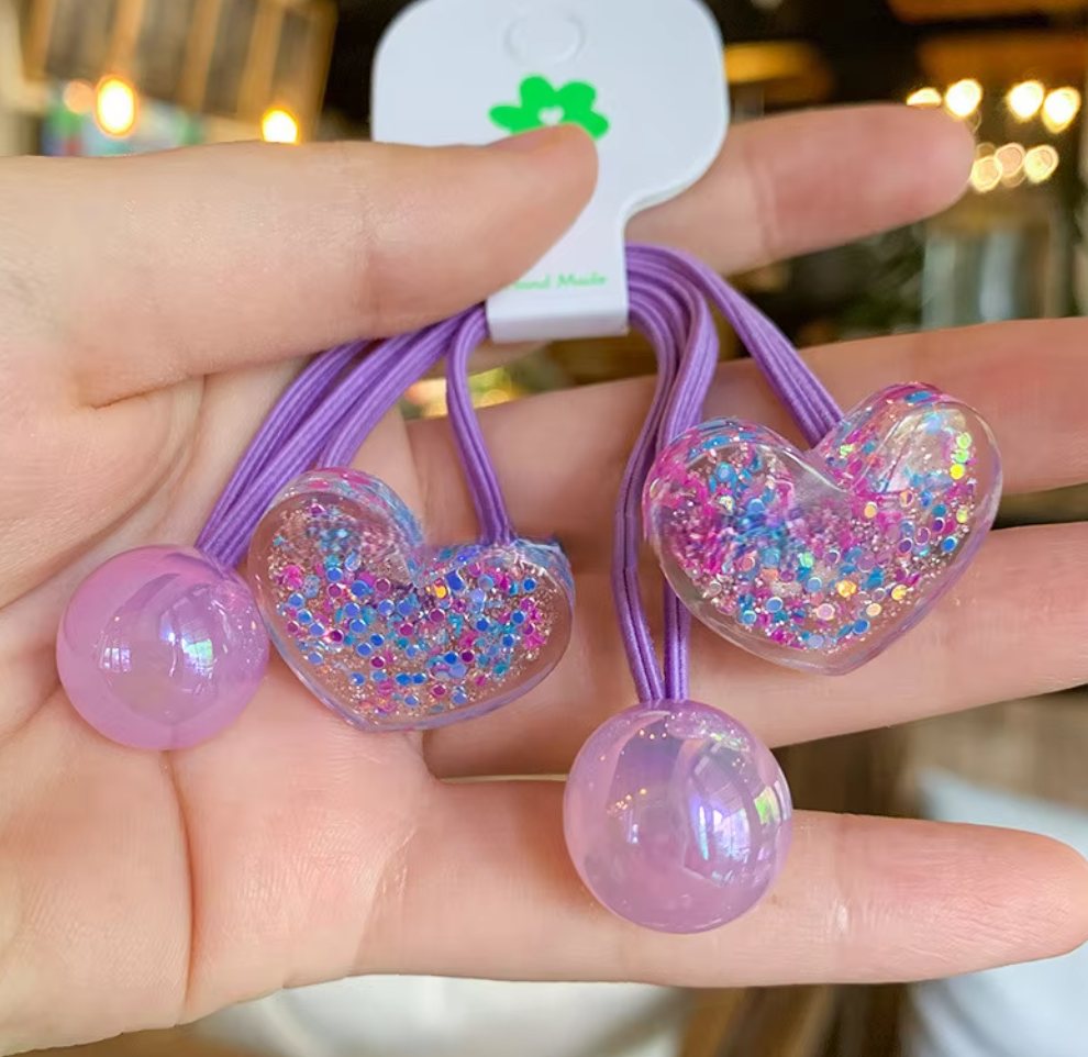 Glitter Heart & Star Charm Hair Ties - Cute Translucent Resin Ponytail Holders (Pair Set)