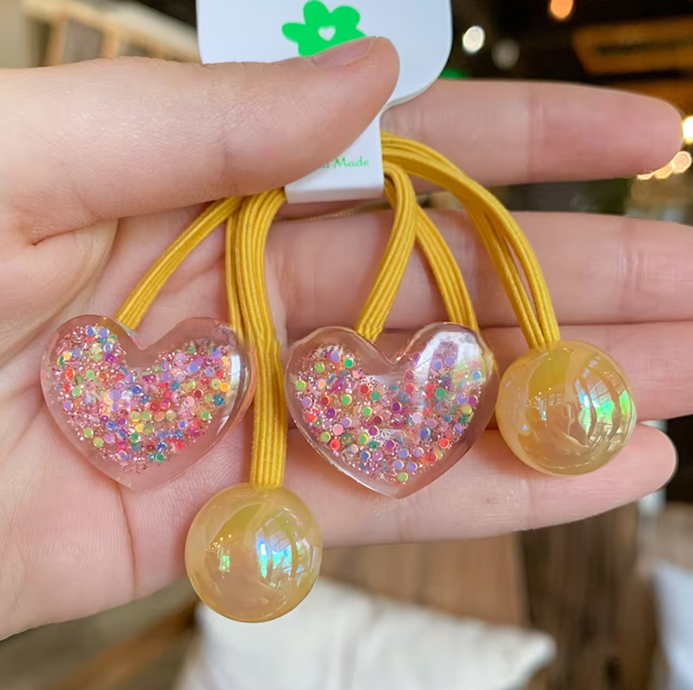 Glitter Heart & Star Charm Hair Ties - Cute Translucent Resin Ponytail Holders (Pair Set)