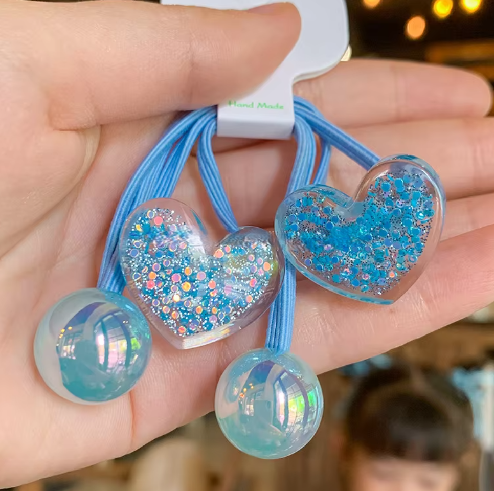 Glitter Heart & Star Charm Hair Ties - Cute Translucent Resin Ponytail Holders (Pair Set)