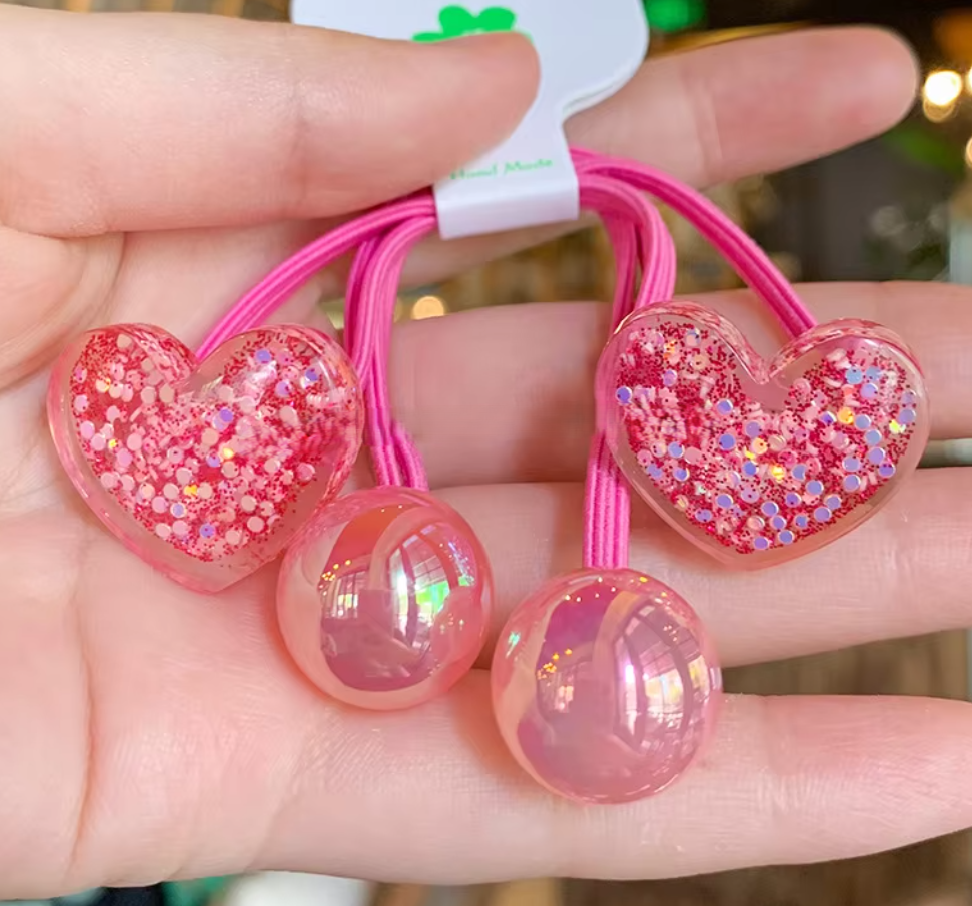 Glitter Heart & Star Charm Hair Ties - Cute Translucent Resin Ponytail Holders (Pair Set)