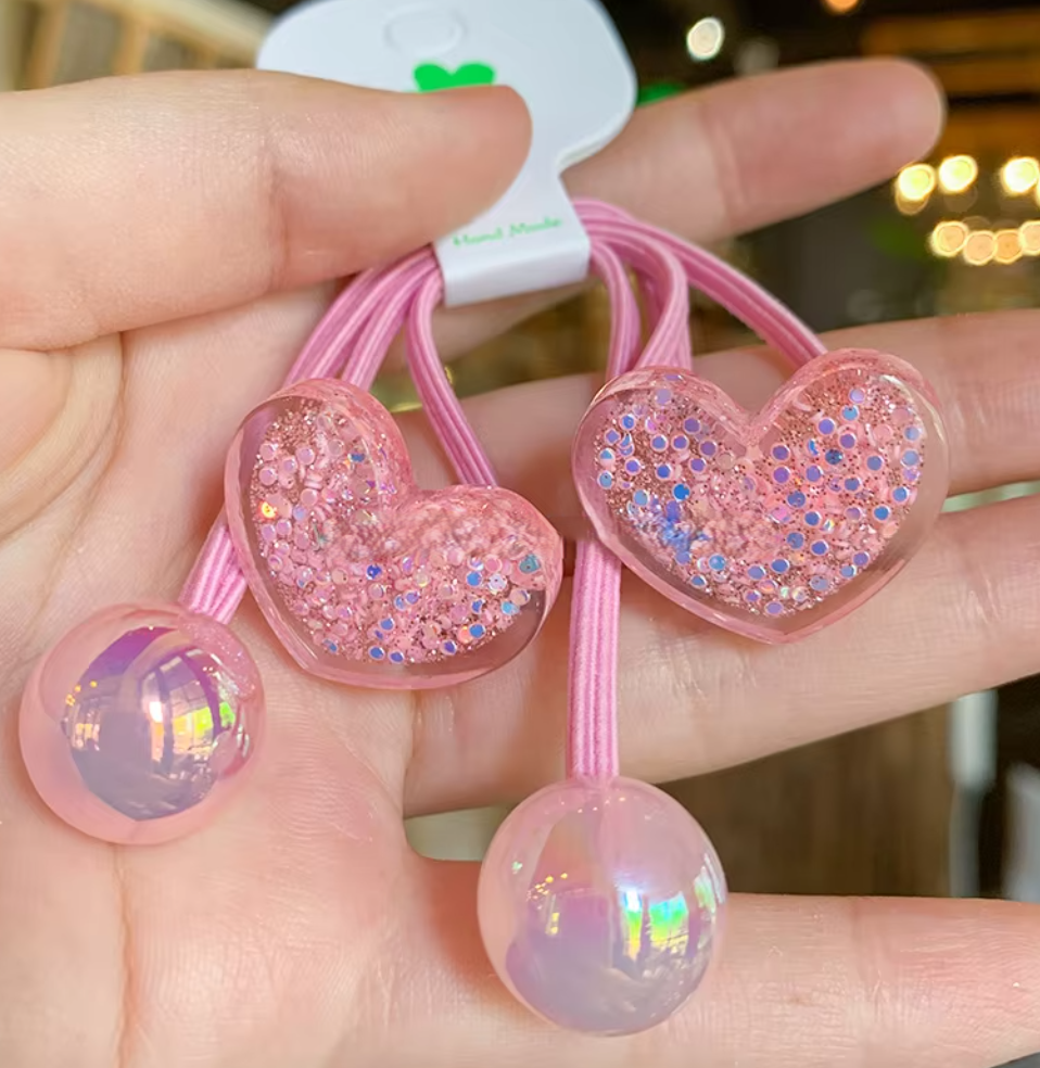 Glitter Heart & Star Charm Hair Ties - Cute Translucent Resin Ponytail Holders (Pair Set)