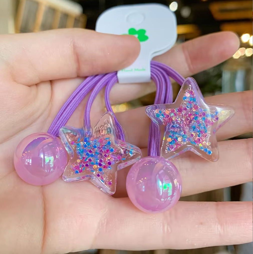 Glitter Heart & Star Charm Hair Ties - Cute Translucent Resin Ponytail Holders (Pair Set)