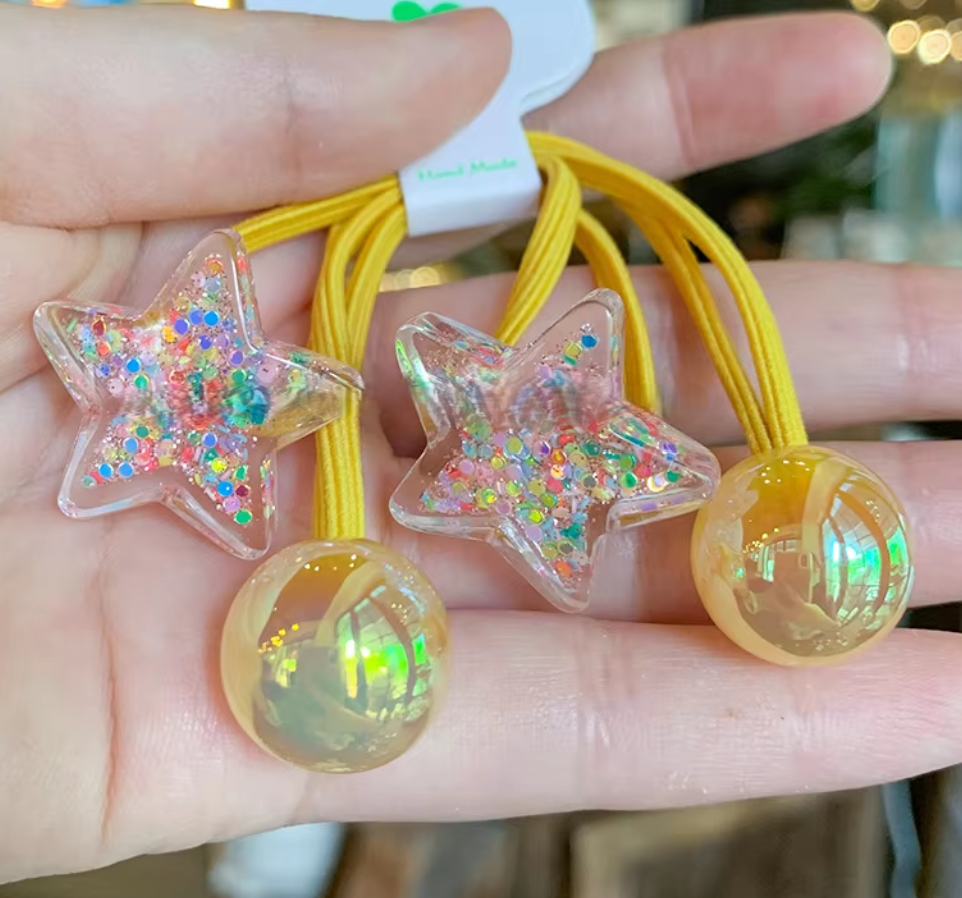Glitter Heart & Star Charm Hair Ties - Cute Translucent Resin Ponytail Holders (Pair Set)