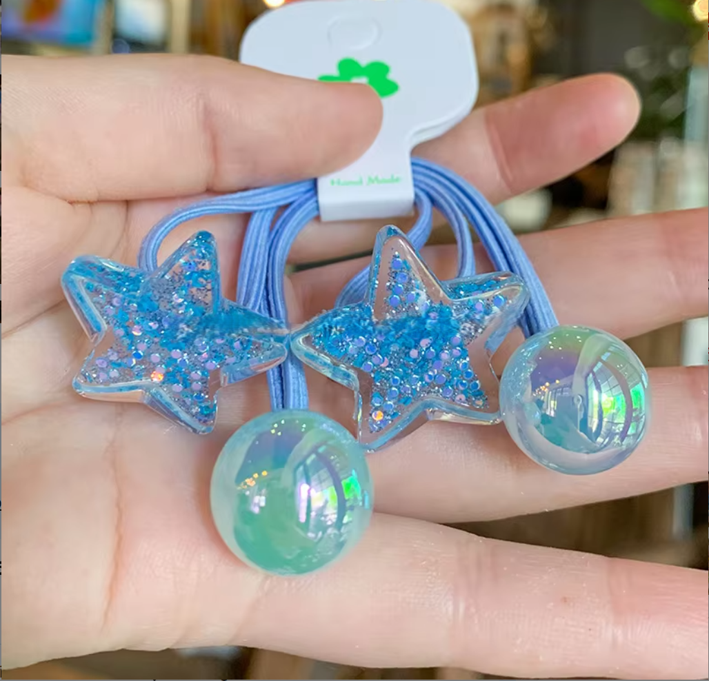 Glitter Heart & Star Charm Hair Ties - Cute Translucent Resin Ponytail Holders (Pair Set)