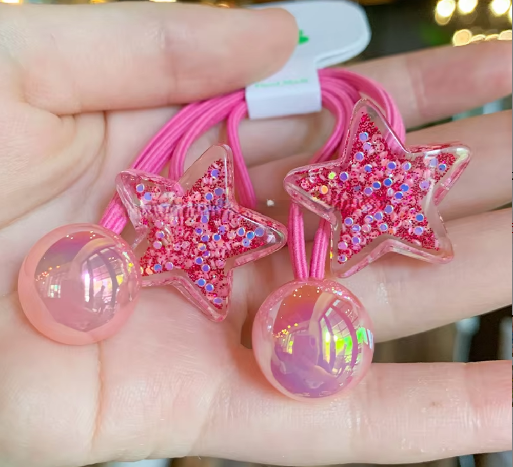 Glitter Heart & Star Charm Hair Ties - Cute Translucent Resin Ponytail Holders (Pair Set)