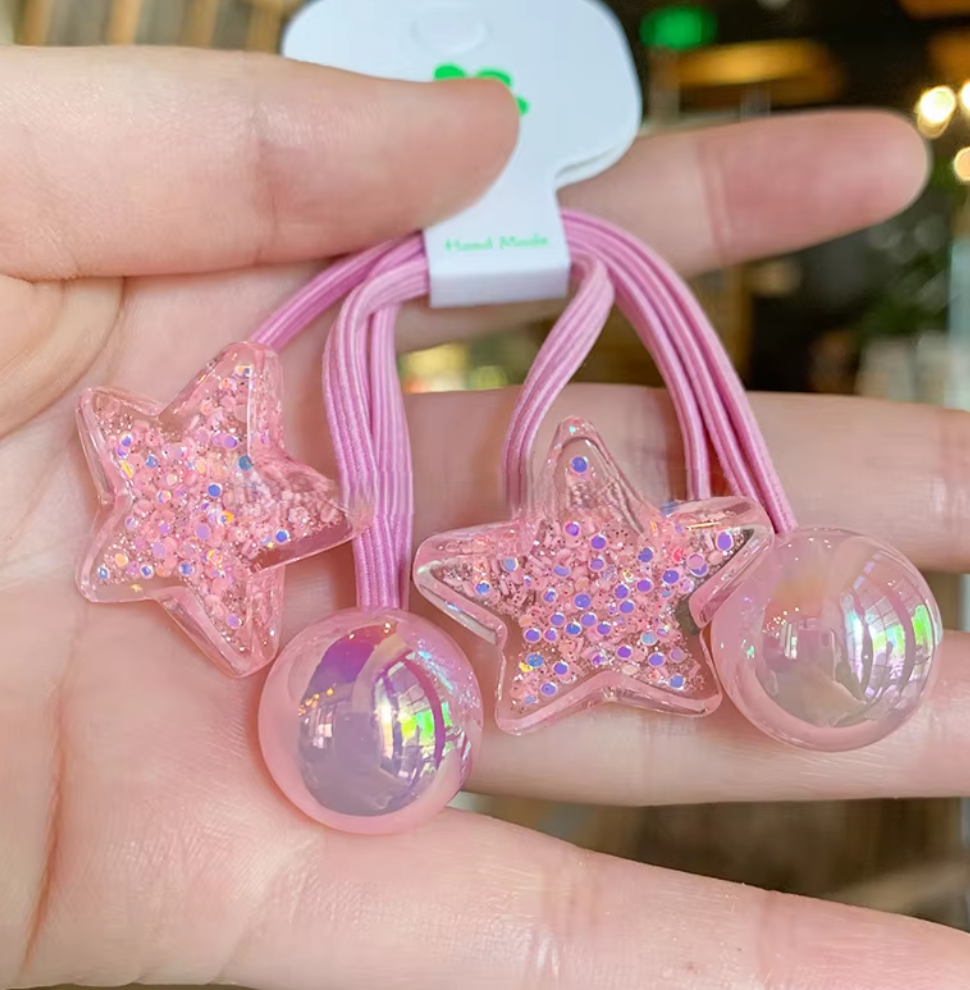 Glitter Heart & Star Charm Hair Ties - Cute Translucent Resin Ponytail Holders (Pair Set)