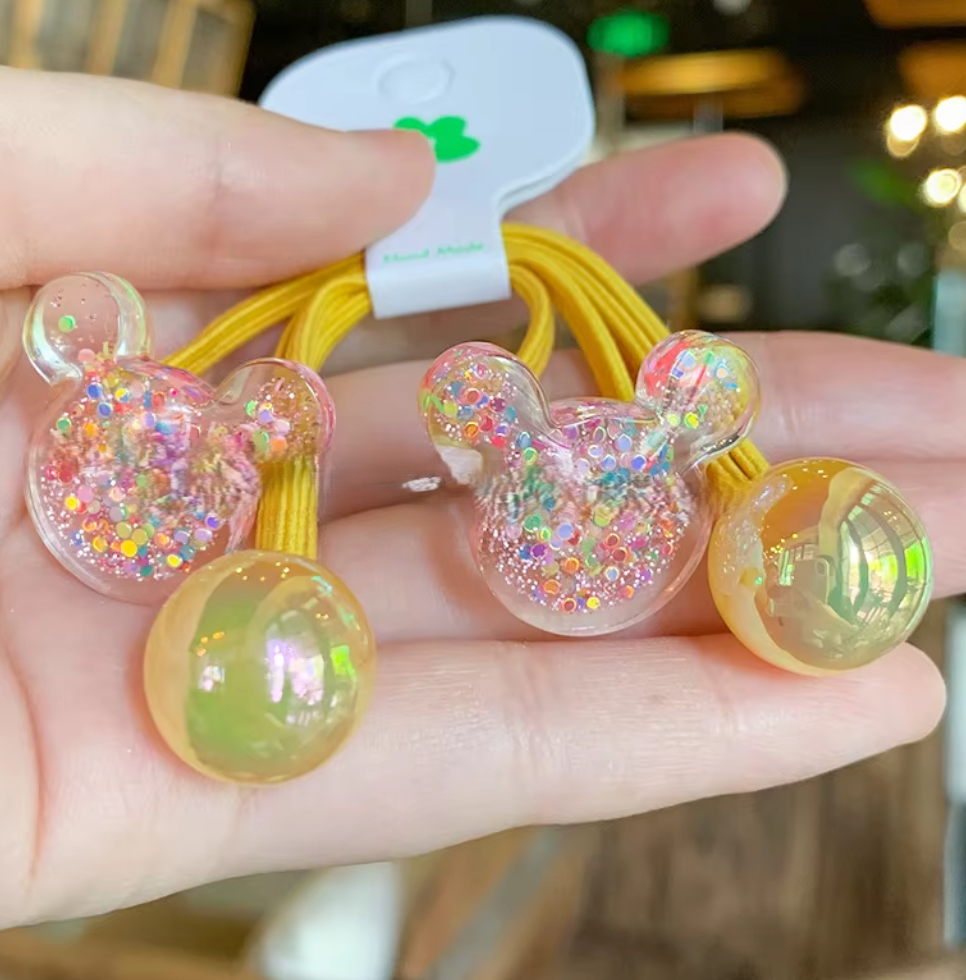 Glitter Heart & Star Charm Hair Ties - Cute Translucent Resin Ponytail Holders (Pair Set)