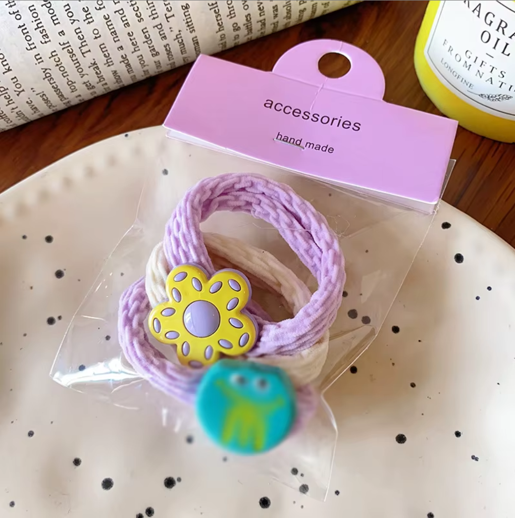 Cute Cartoon & Floral Hair Ties Set - Assorted Elastic Hair Bands Collection (2-3 Pieces/Set)
