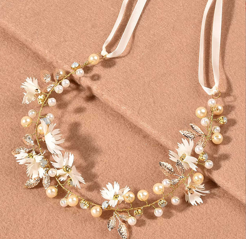 Floral & Pearl Flexible Hair Vine Headband with Ribbon Ties - Elegant Bridal & Occasion Hair Accessories