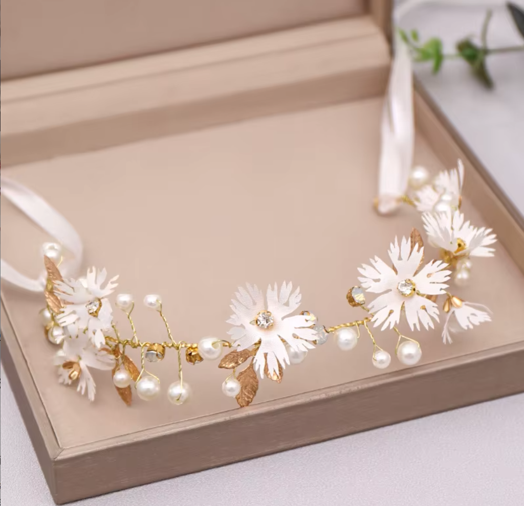 Floral & Pearl Flexible Hair Vine Headband with Ribbon Ties - Elegant Bridal & Occasion Hair Accessories