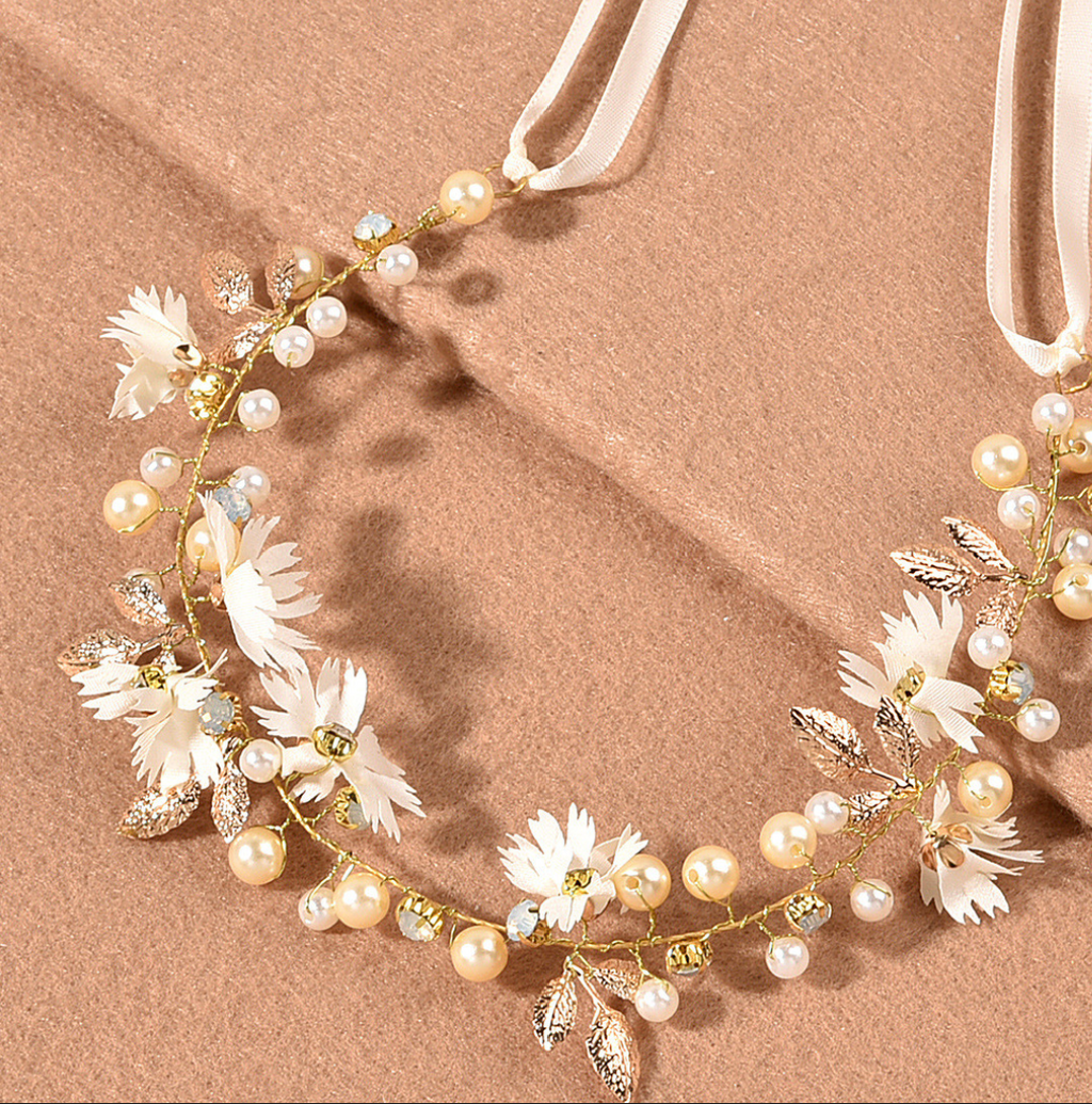 Floral & Pearl Flexible Hair Vine Headband with Ribbon Ties - Elegant Bridal & Occasion Hair Accessories