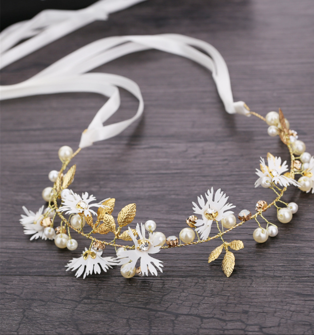 Floral & Pearl Flexible Hair Vine Headband with Ribbon Ties - Elegant Bridal & Occasion Hair Accessories