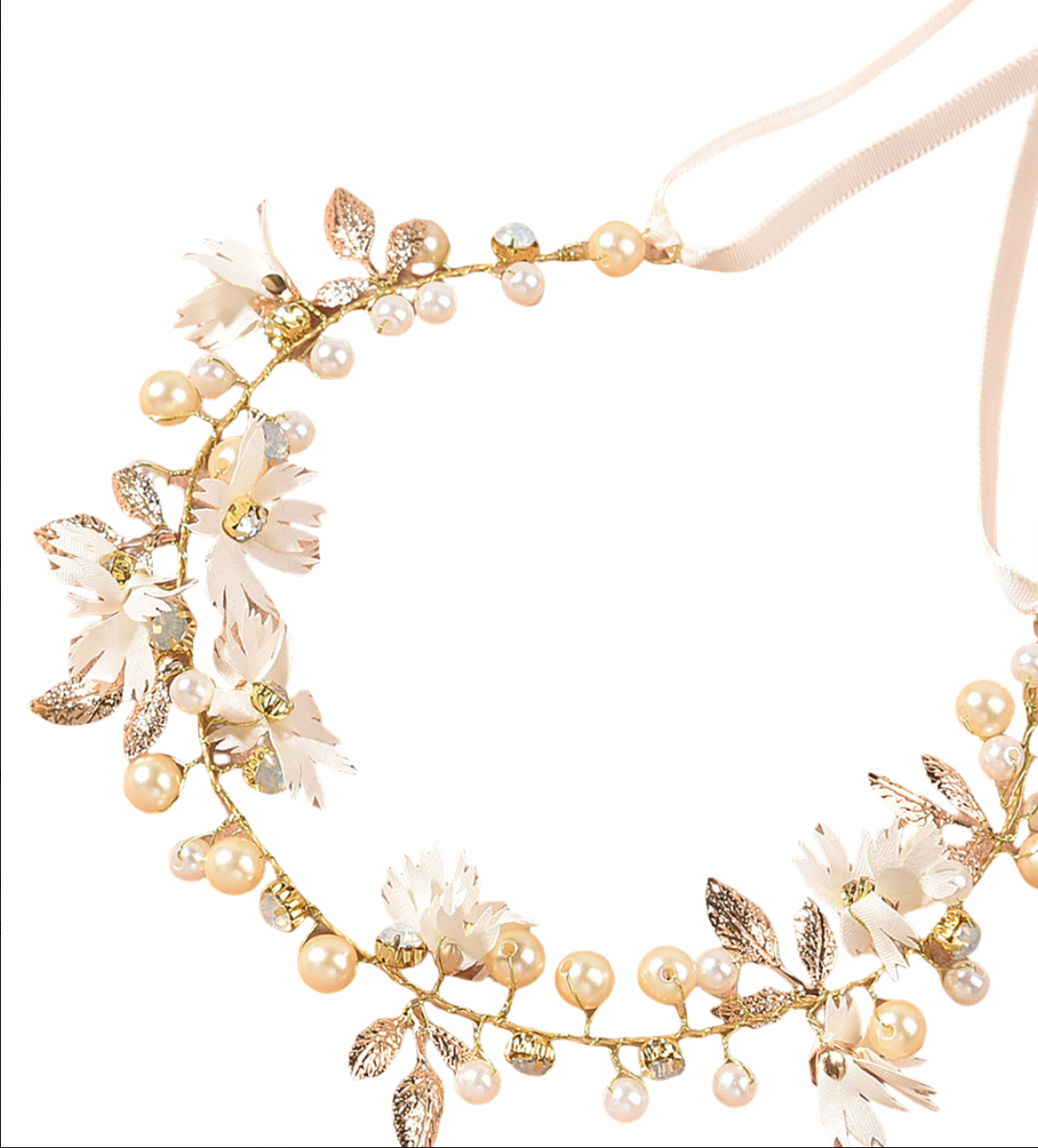 Floral & Pearl Flexible Hair Vine Headband with Ribbon Ties - Elegant Bridal & Occasion Hair Accessories