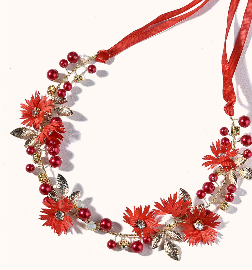 Floral & Pearl Flexible Hair Vine Headband with Ribbon Ties - Elegant Bridal & Occasion Hair Accessories