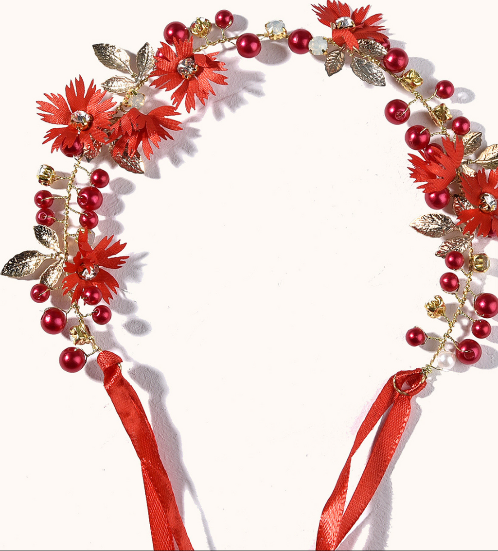 Floral & Pearl Flexible Hair Vine Headband with Ribbon Ties - Elegant Bridal & Occasion Hair Accessories