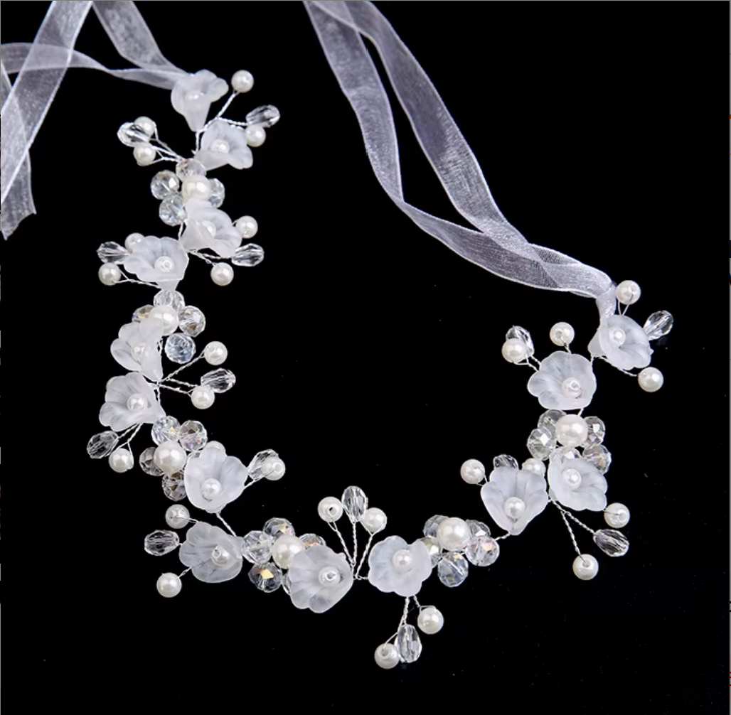 Floral & Pearl Flexible Hair Vine Headband with Ribbon Ties - Bridal & Party Hair Accessories
