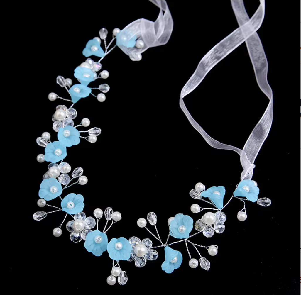 Floral & Pearl Flexible Hair Vine Headband with Ribbon Ties - Bridal & Party Hair Accessories