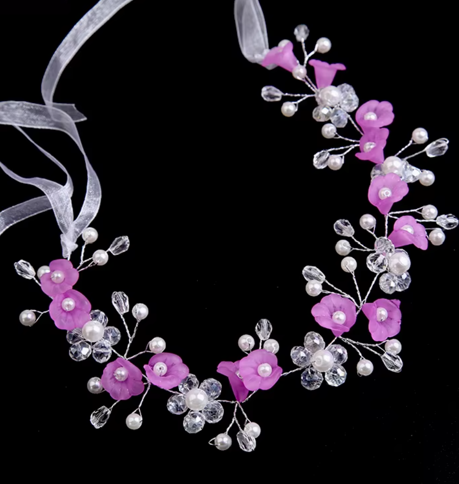 Floral & Pearl Flexible Hair Vine Headband with Ribbon Ties - Bridal & Party Hair Accessories