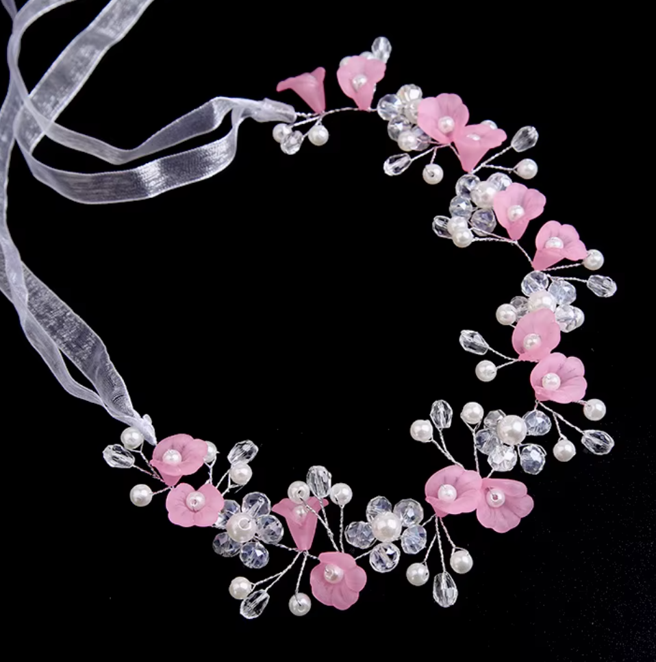 Floral & Pearl Flexible Hair Vine Headband with Ribbon Ties - Bridal & Party Hair Accessories
