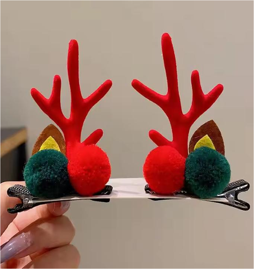Festive Reindeer Antler & Ear Hair Clips - Cute Holiday Duckbill Hairpins (Pair Set)