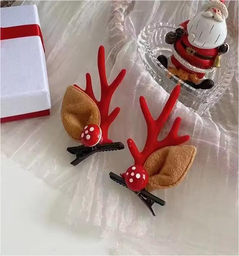 Festive Reindeer Antler & Ear Hair Clips - Cute Holiday Duckbill Hairpins (Pair Set)