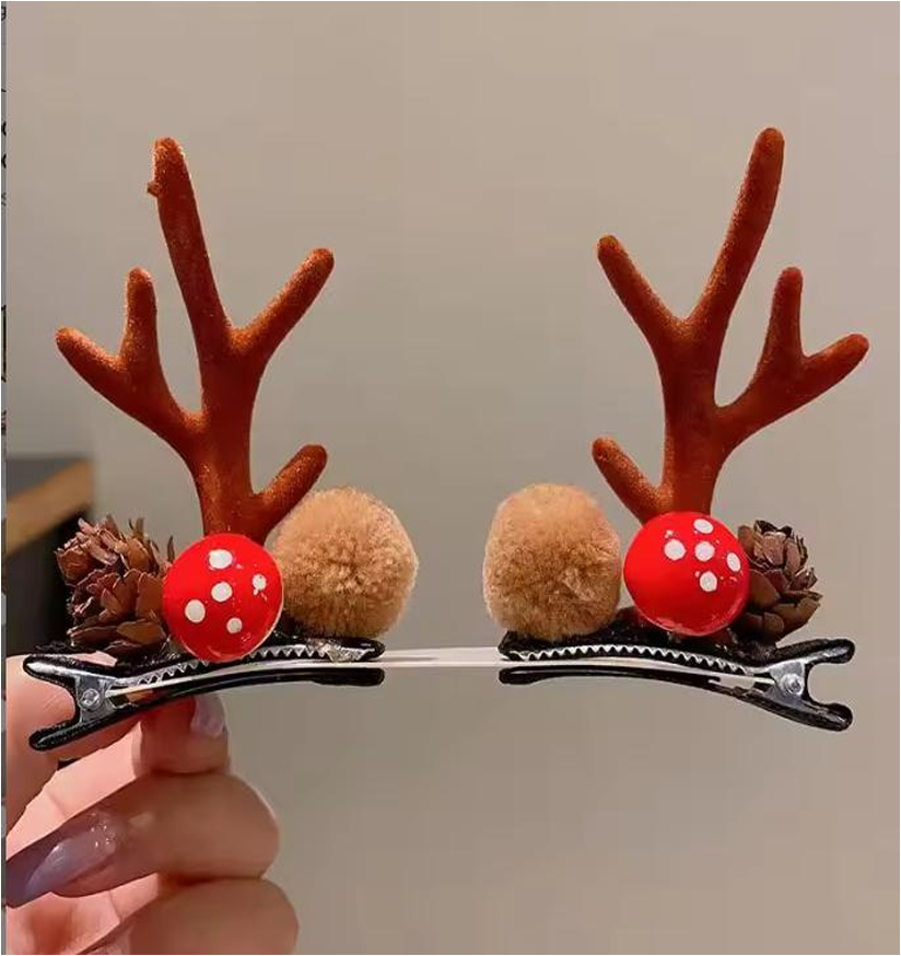Festive Reindeer Antler & Ear Hair Clips - Cute Holiday Duckbill Hairpins (Pair Set)