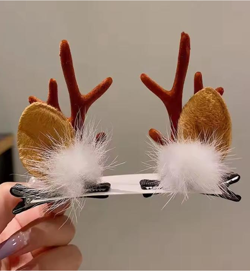 Festive Reindeer Antler & Ear Hair Clips - Cute Holiday Duckbill Hairpins (Pair Set)