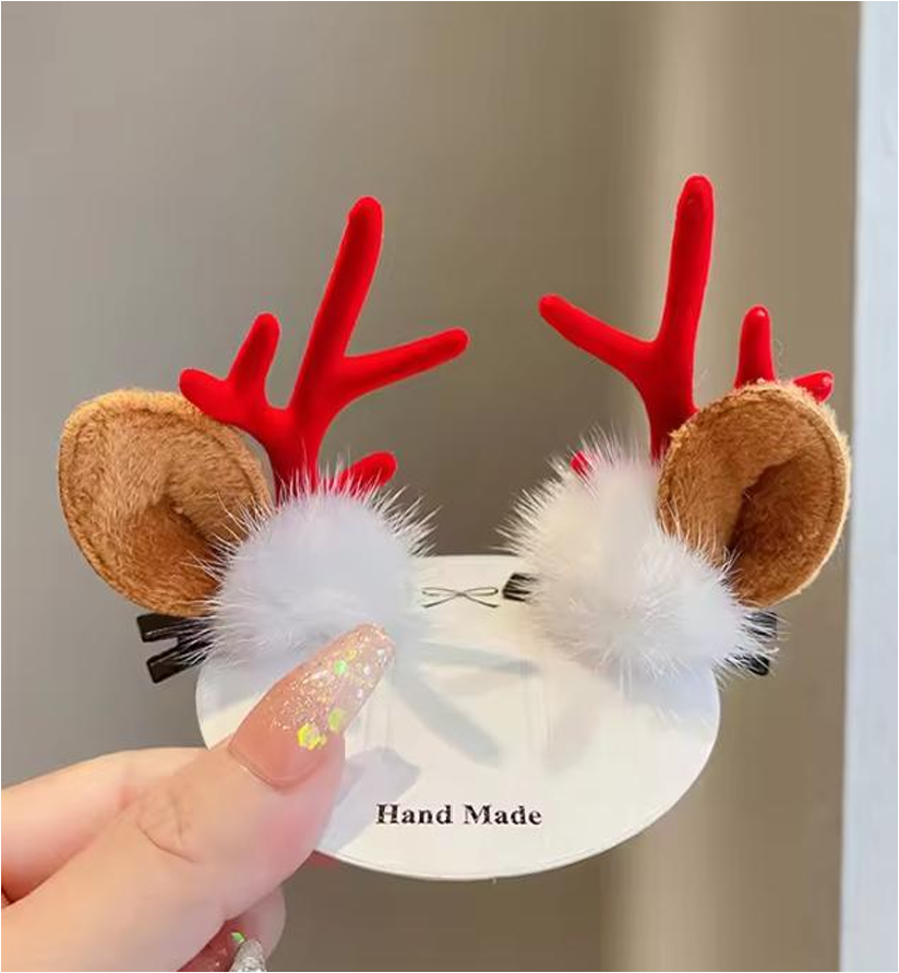 Festive Reindeer Antler & Ear Hair Clips - Cute Holiday Duckbill Hairpins (Pair Set)