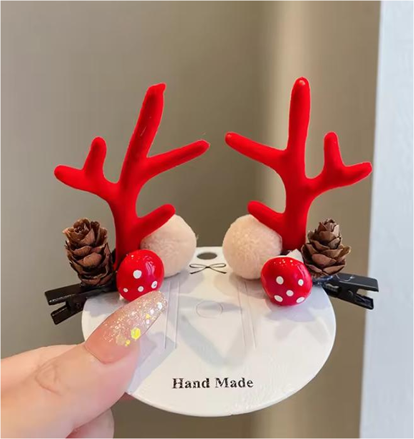 Festive Reindeer Antler & Ear Hair Clips - Cute Holiday Duckbill Hairpins (Pair Set)