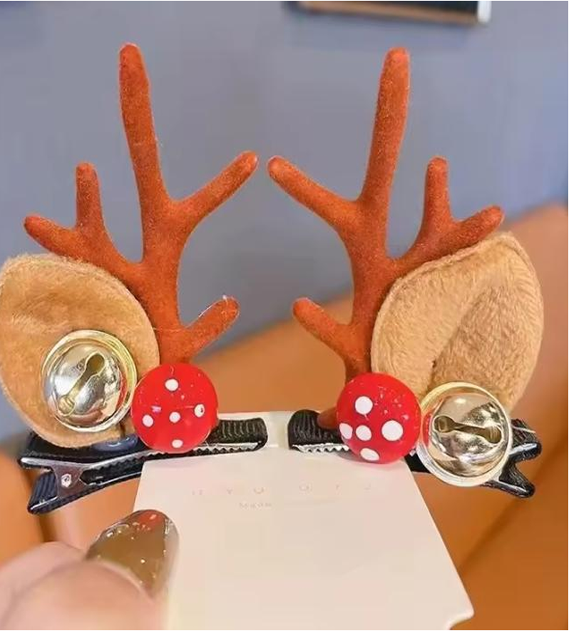 Festive Reindeer Antler & Ear Hair Clips - Cute Holiday Duckbill Hairpins (Pair Set)