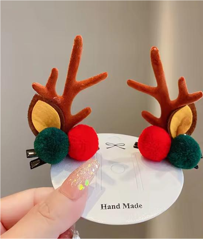 Festive Reindeer Antler & Ear Hair Clips - Cute Holiday Duckbill Hairpins (Pair Set)