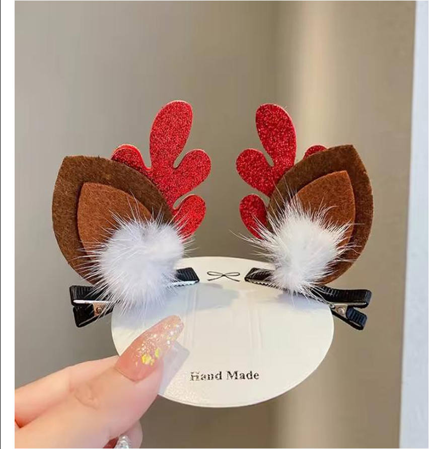 Festive Reindeer Antler & Ear Hair Clips - Cute Holiday Duckbill Hairpins (Pair Set)