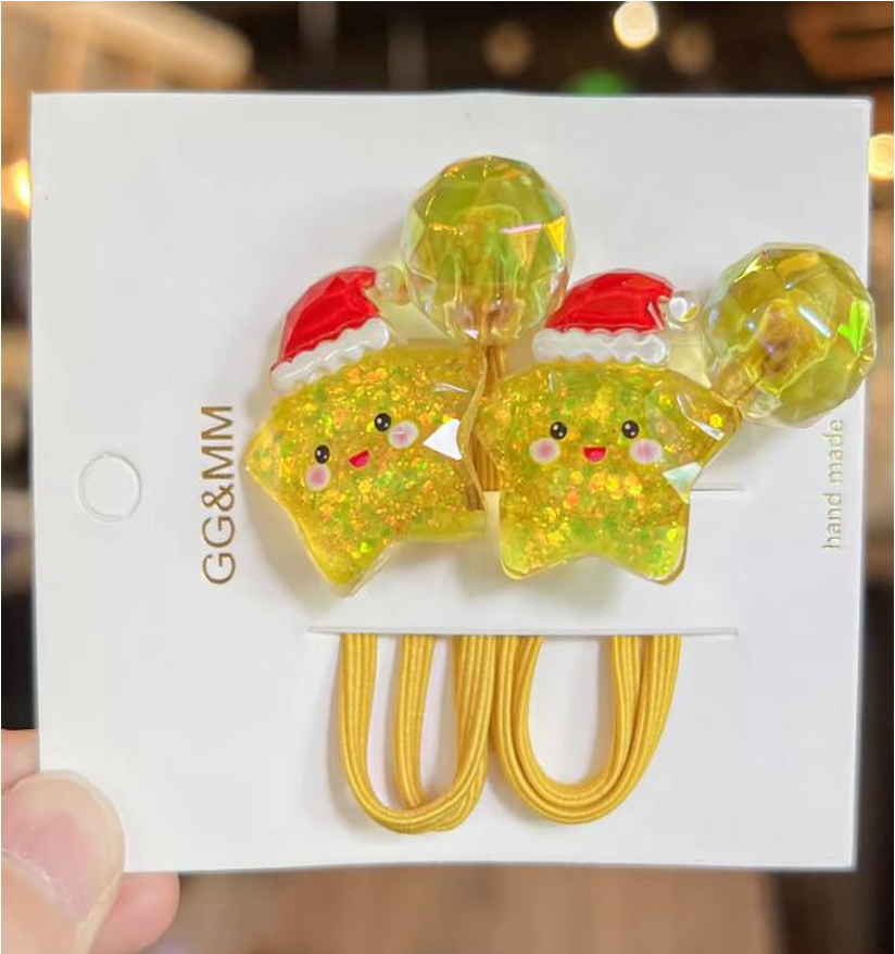 Festive Holiday Glitter Character Hair Ties - Cute Seasonal Ponytail Holders (2-Piece Set)