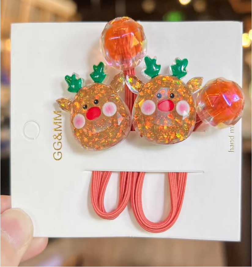 Festive Holiday Glitter Character Hair Ties - Cute Seasonal Ponytail Holders (2-Piece Set)
