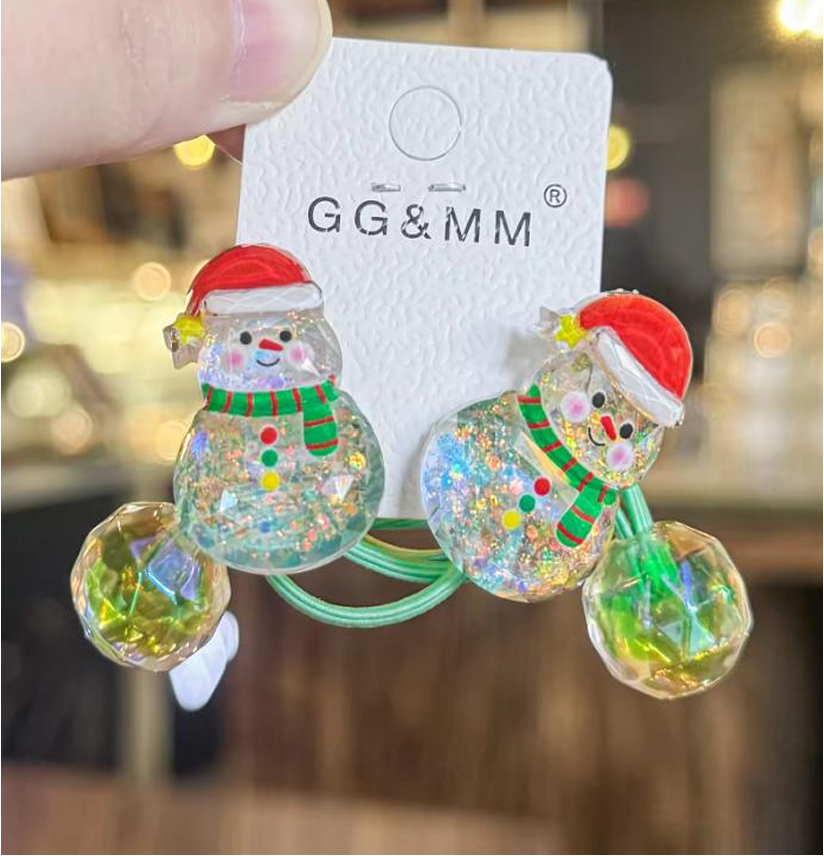 Festive Holiday Glitter Character Hair Ties - Cute Seasonal Ponytail Holders (2-Piece Set)