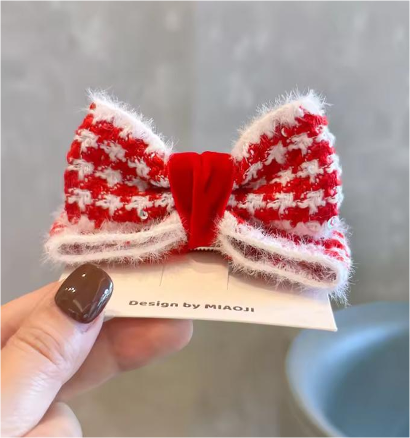 Red & White Houndstooth Knit Bow Hair Accessories - Hair Clips & Elastic Hair Ties Collection