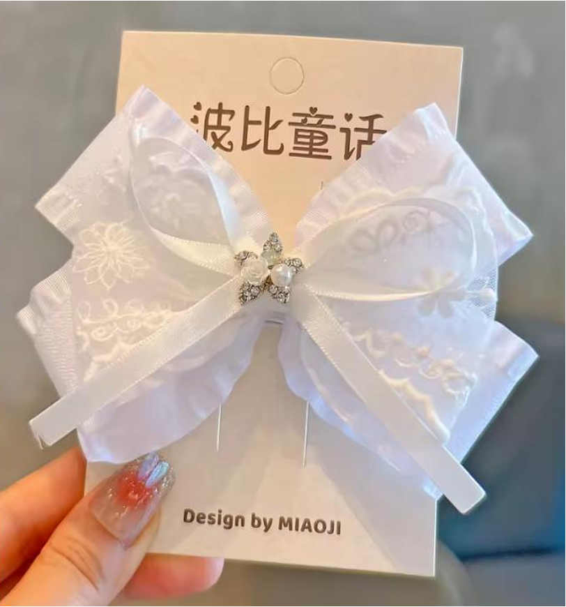 White Sheer Lace & Organza Bow Hair Accessories - Elegant Tulle Hair Clips & Headband Collection