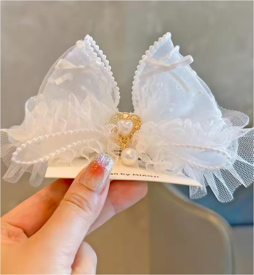 White Sheer Lace & Organza Bow Hair Accessories - Elegant Tulle Hair Clips & Headband Collection