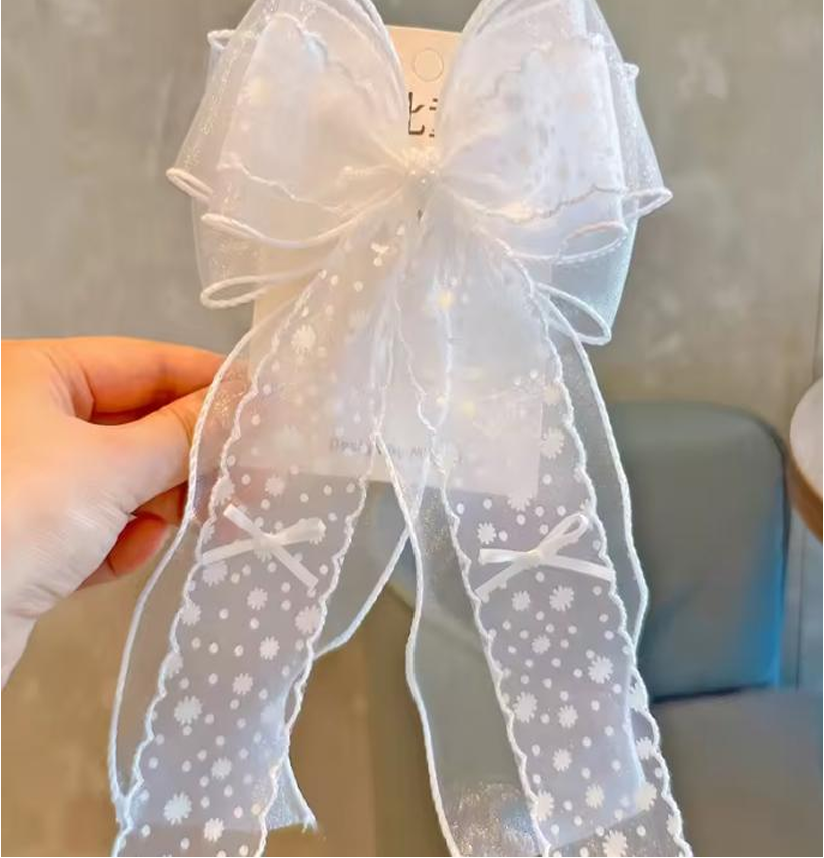 White Sheer Lace & Organza Bow Hair Accessories - Elegant Tulle Hair Clips & Headband Collection