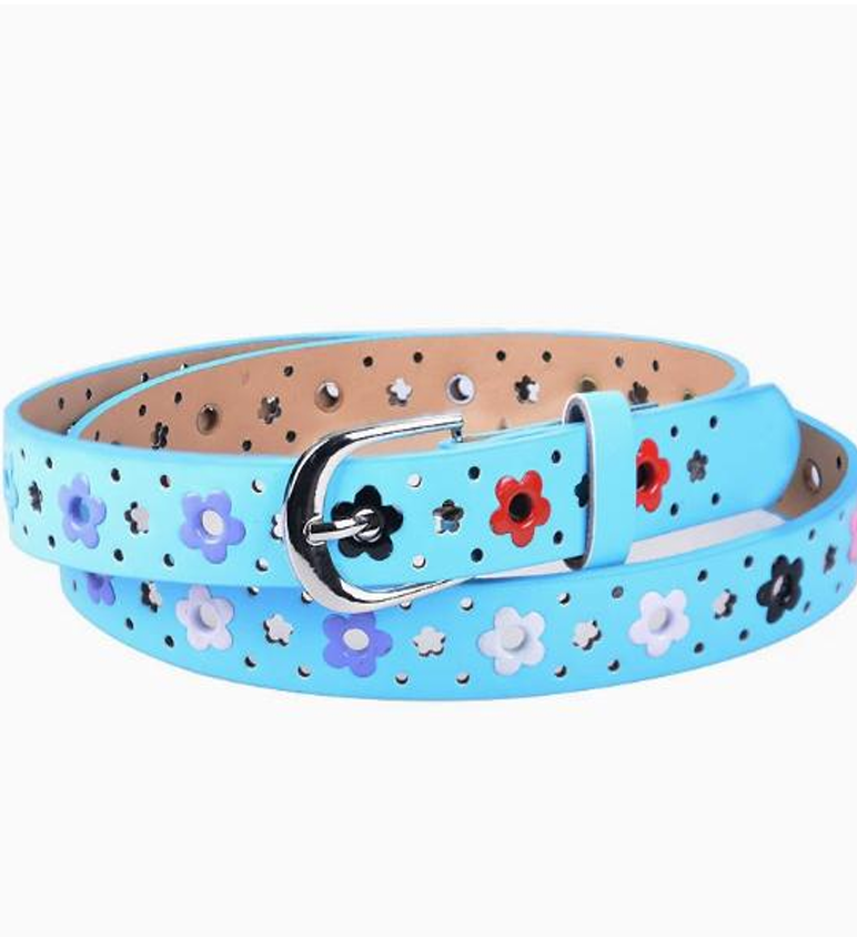 Colorful Floral Punch-Out Leather Belt - Casual Hollow Flower Waist Strap (100cm)