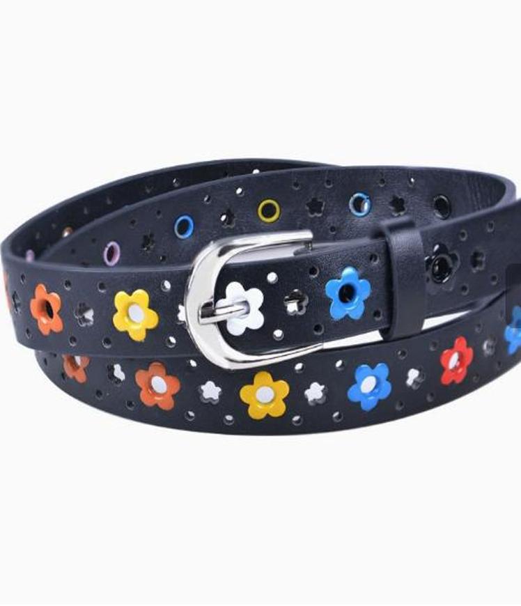 Colorful Floral Punch-Out Leather Belt - Casual Hollow Flower Waist Strap (100cm)