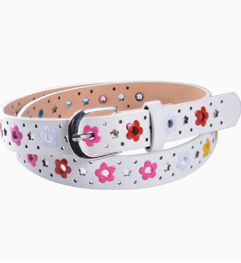 Colorful Floral Punch-Out Leather Belt - Casual Hollow Flower Waist Strap (100cm)